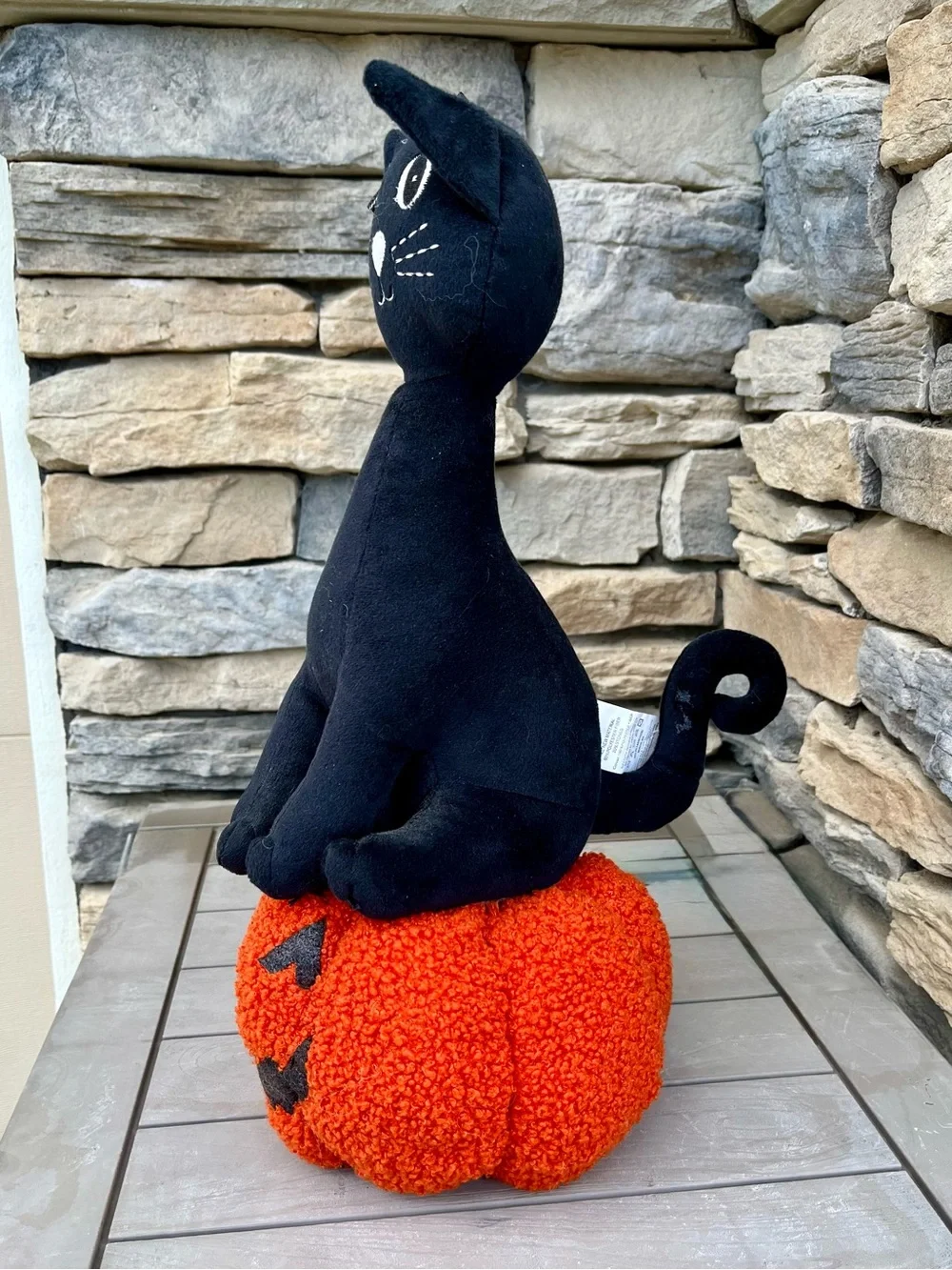 Black Cat on Orange Pumpkin Jack-o’-lantern Plush Halloween Display 17in